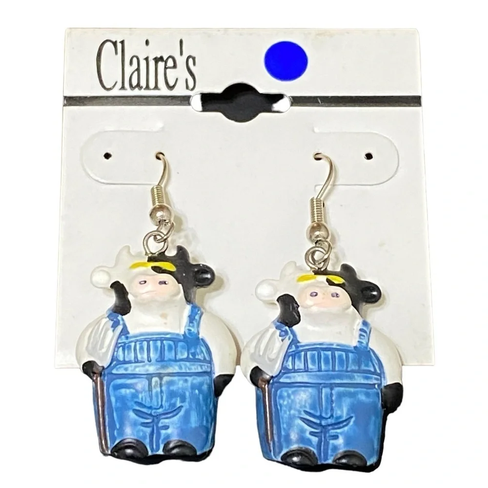 Vintage 90s Claire’s Cow Earrings Farm Animal Western Kitsch Y2K Dangle 1.5”